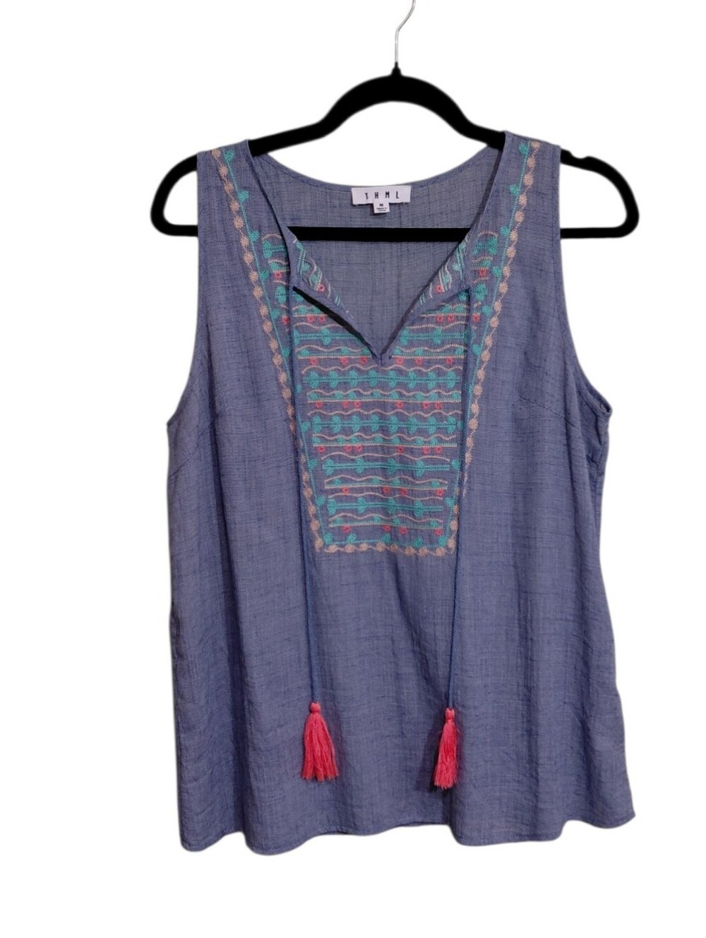 THML Blue Embroidered Sleeveless V-Neck Tank with Pink Tassels